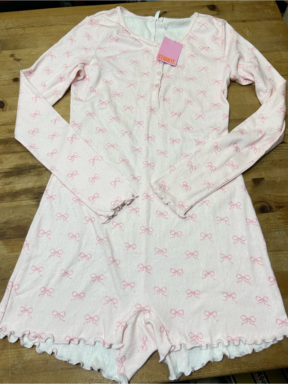 STARFIT Pink/Pink Bow Cotton Pajama Romper Medium